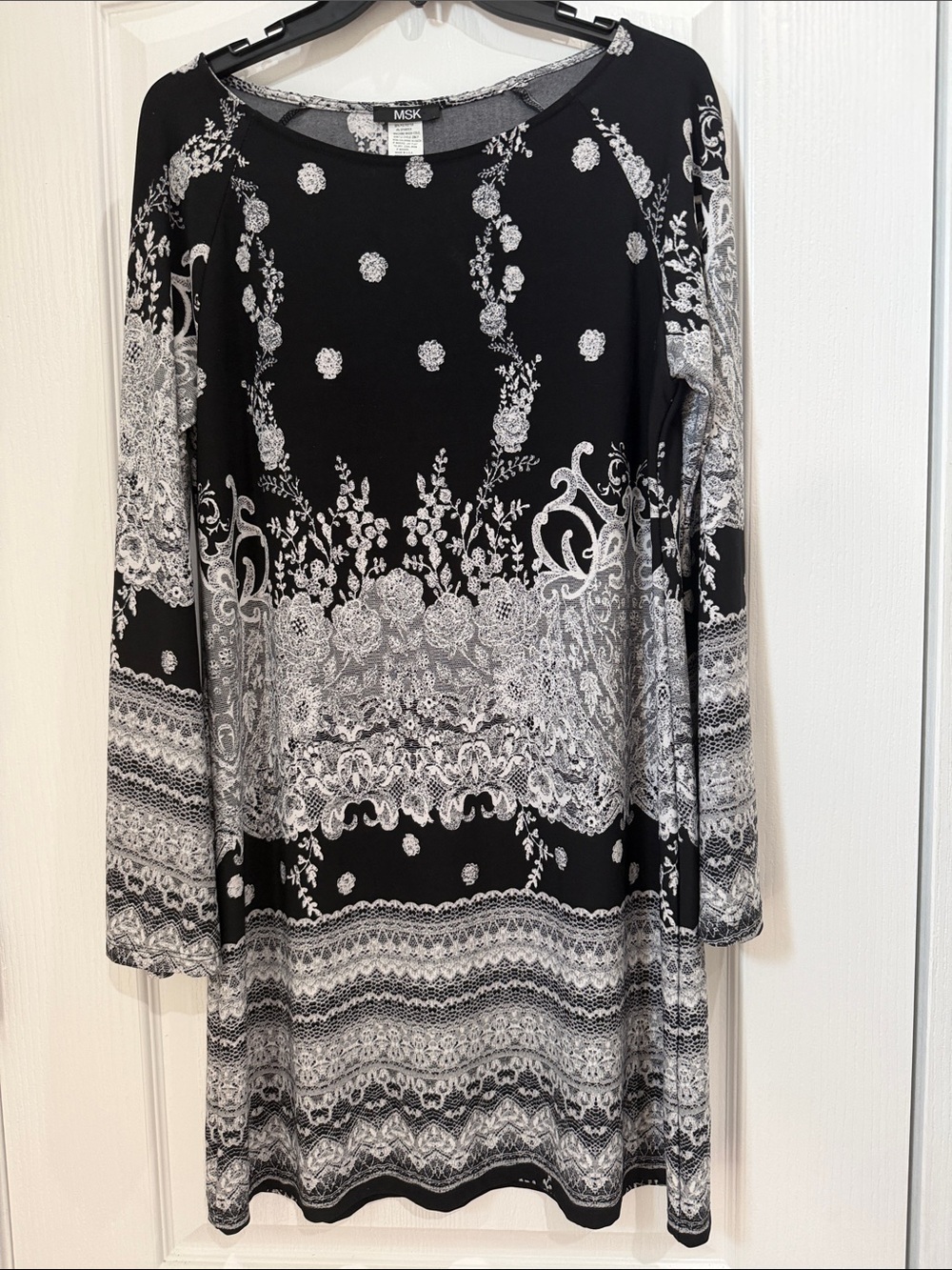 MSK Black and White Floral-Print Long Sleeve A-Line Dress size 12